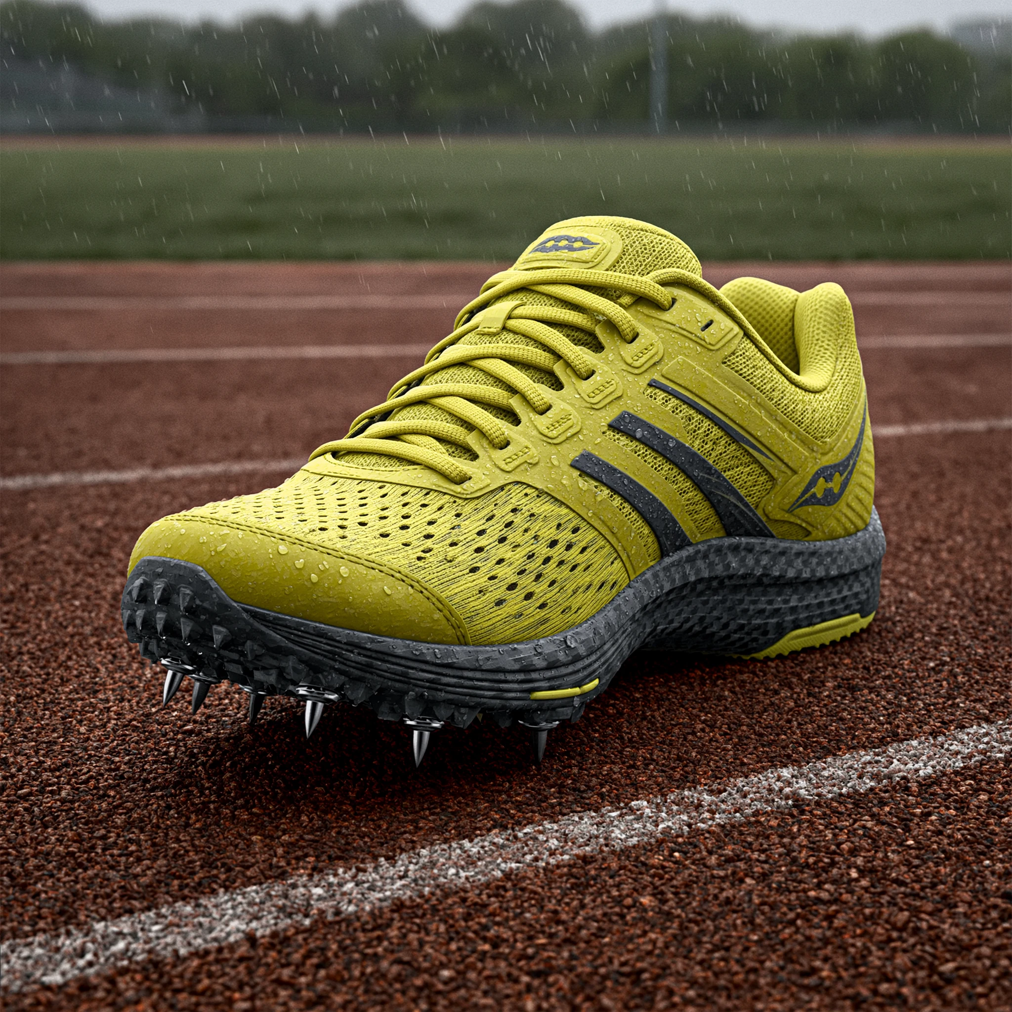 Custom track spike close-up. Halberd A1 forefoot detail, exposed plate, 4mm pin housings.