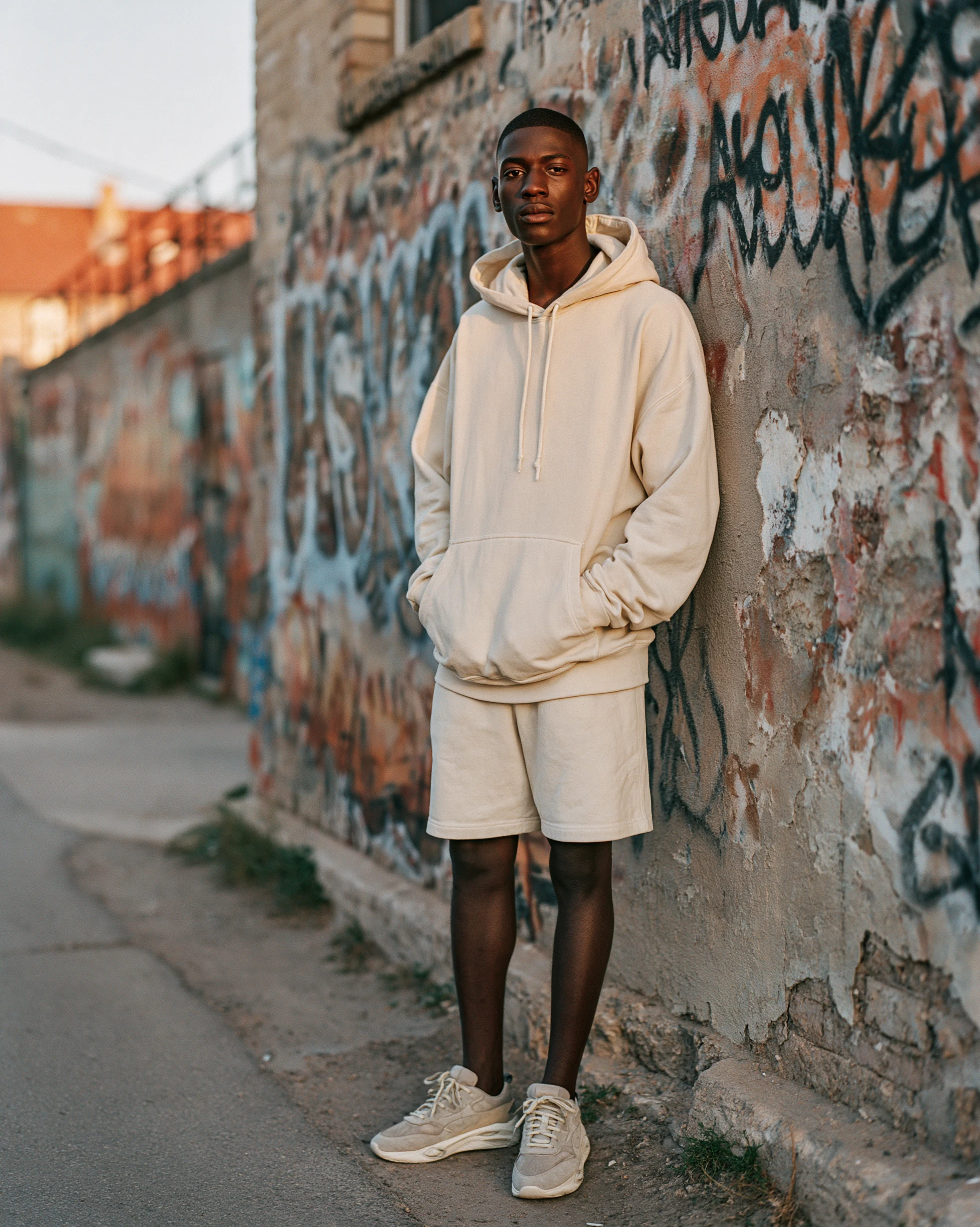 Lifestyle portrait against graffiti. Editorial cool register, full Halberd Street kit.