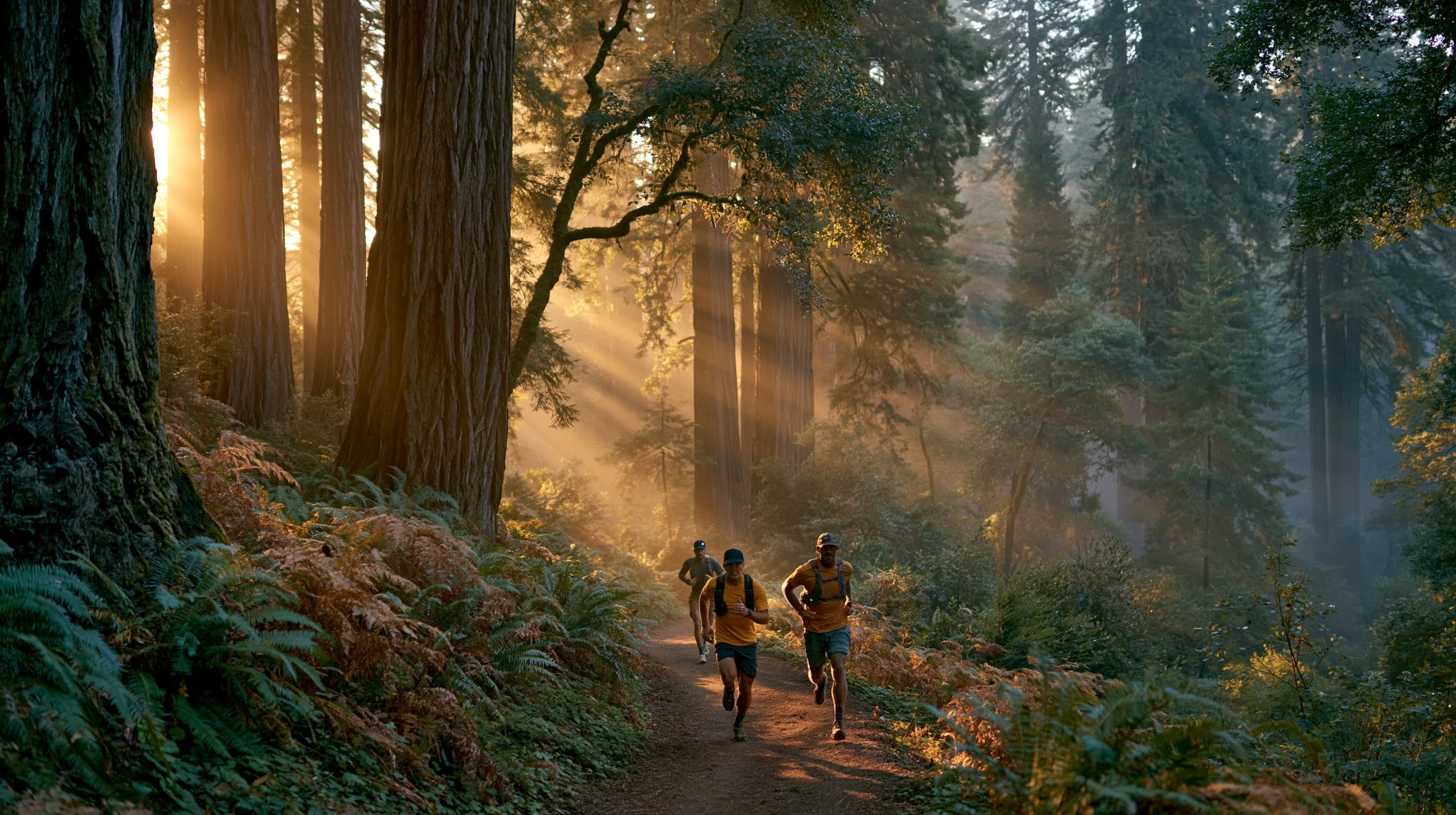 Three trail runners on a misty forest path. Epic register, low-key light, Halberd kit.