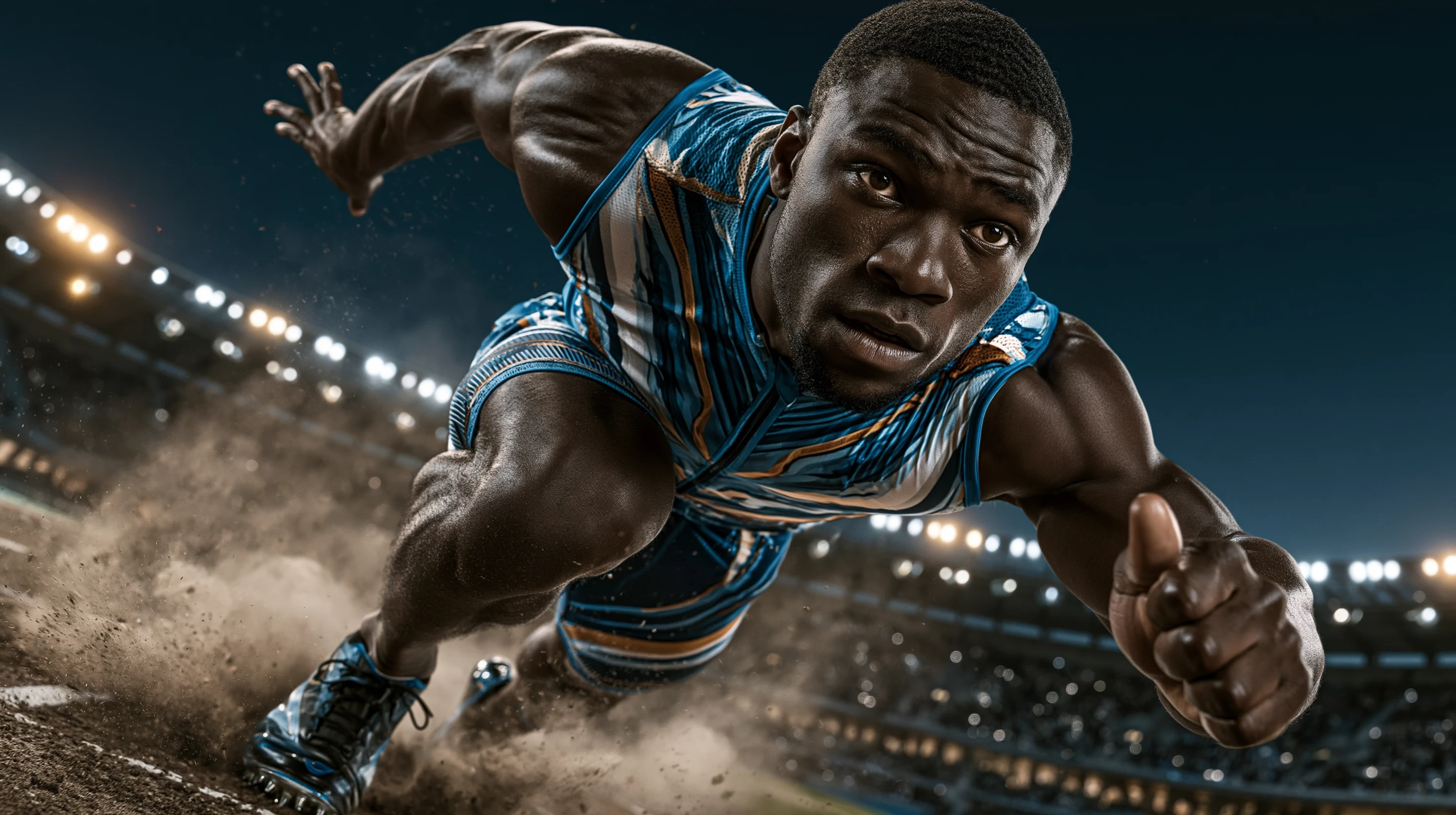 A sprinter coiled at the starting blocks under stadium light. Black-and-orange composition. Heroic register.
