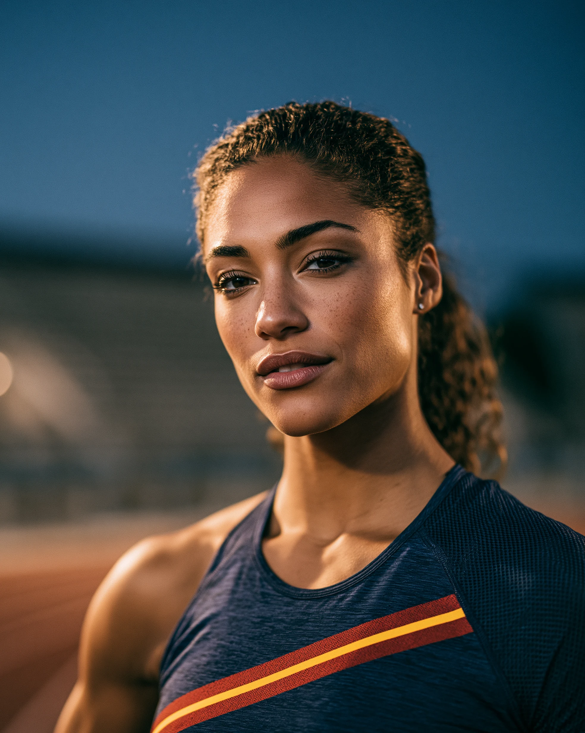 Track athlete portrait. Heroic register, environmental light. Subject in volt-yellow Halberd kit.